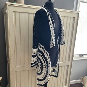 Boston Proper Black & White Crochet Open Front Duster/ Cardigan